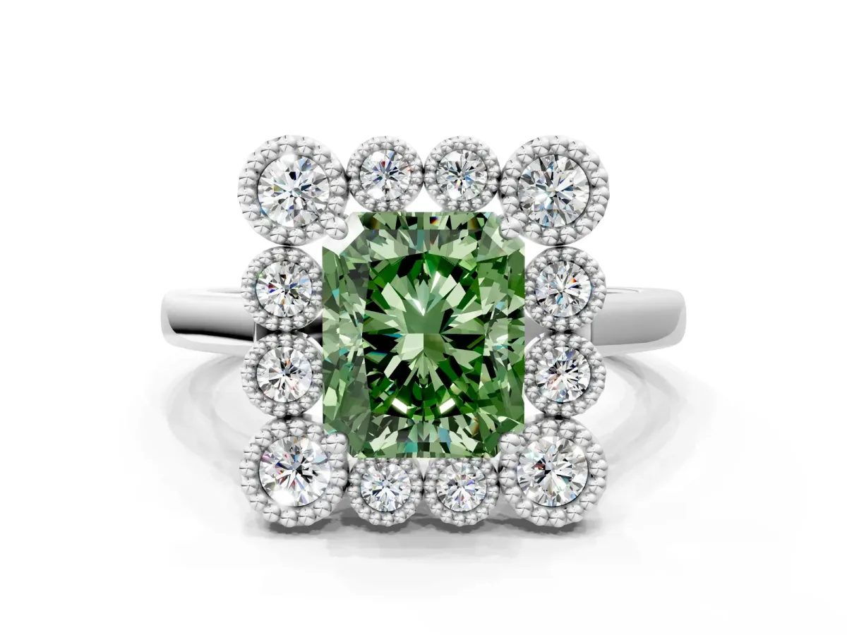 Fancy Green Radiant Cut Halo Diamond Cluster Engagement Ring with Milgrain Bezel Setting and Solitaire Band Platinum