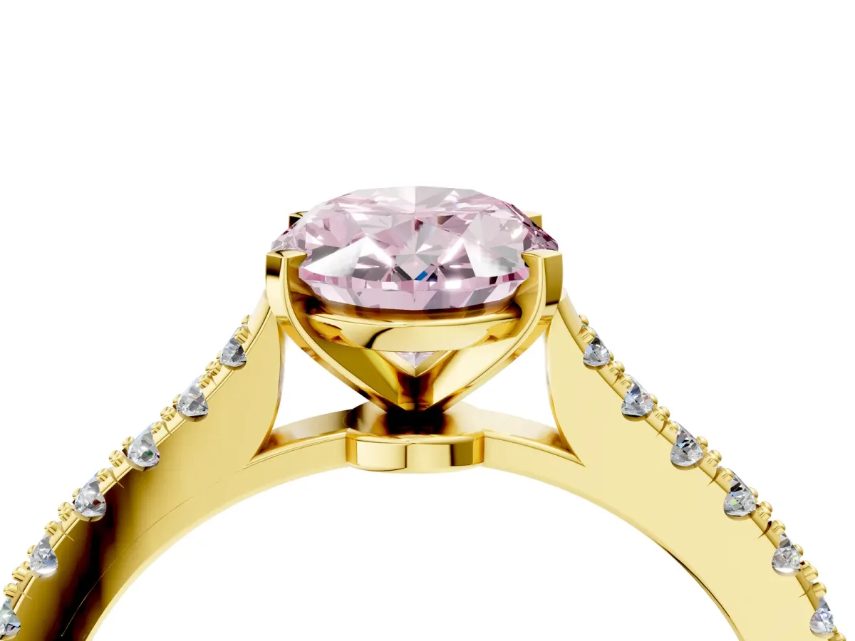 Fancy Pink Oval Cut Cut Solitaire Diamond Engagement Ring with Pave Band and Four-Prong Setting Yellow gold