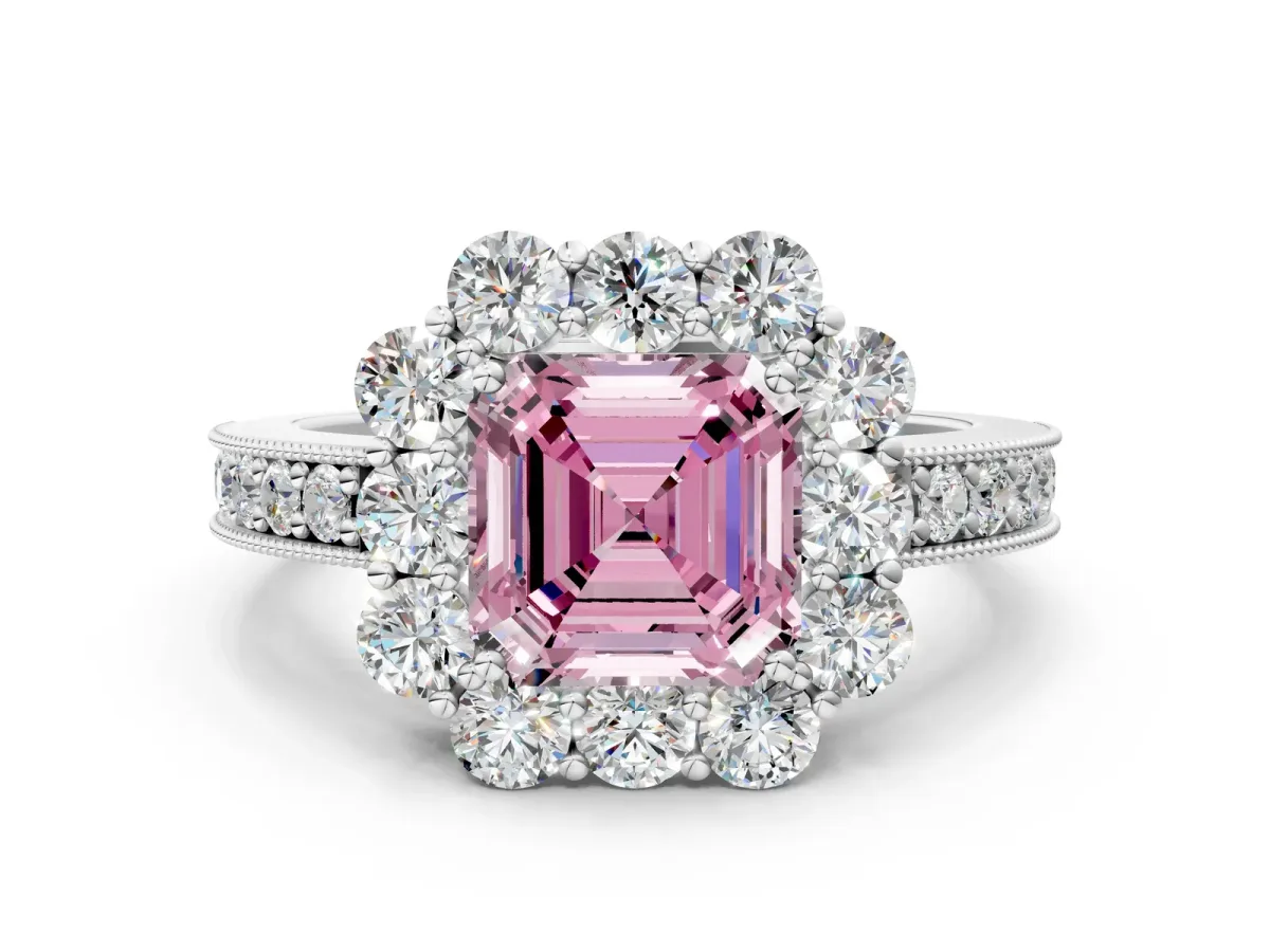 Fancy Pink Asscher Cut Cut Halo Diamond Pavé Engagement Ring with Milgrain Detailing Platinum