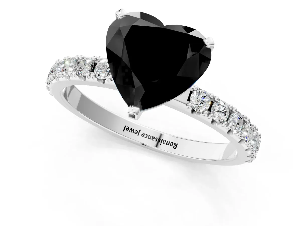 Fancy Black Heart Cut Diamond Solitaire Pavé Band with Four-Prong Setting Silver