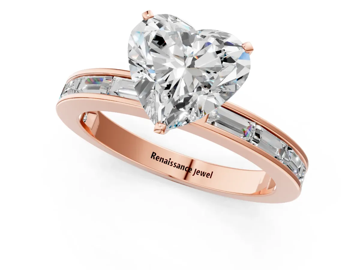 Heart Cut Solitaire Diamond Ring with Channel-Set Baguette Band and Four-Prong Setting Rose gold