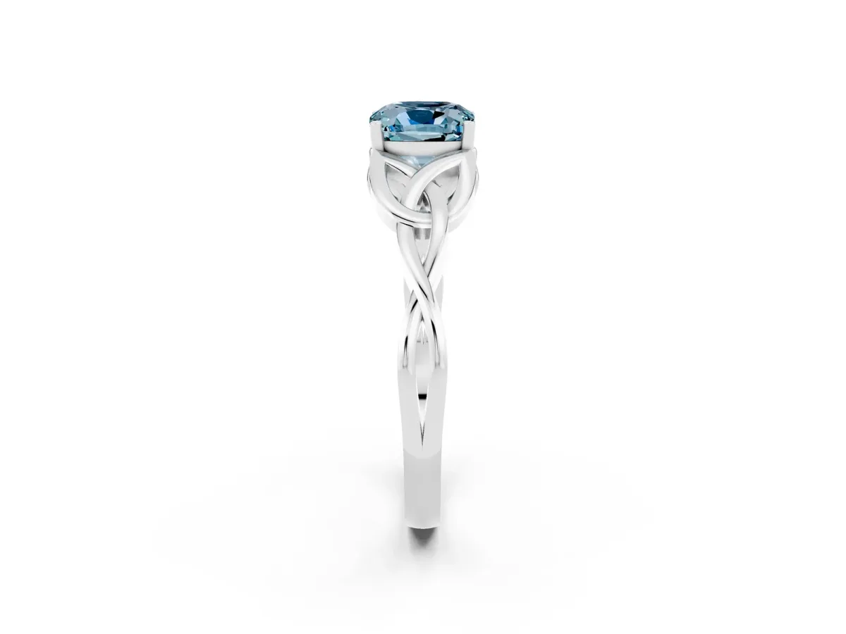 Cushion Cut Aquamarine Solitaire Engagement Ring with Celtic Knot Band and Four-Prong Setting White gold