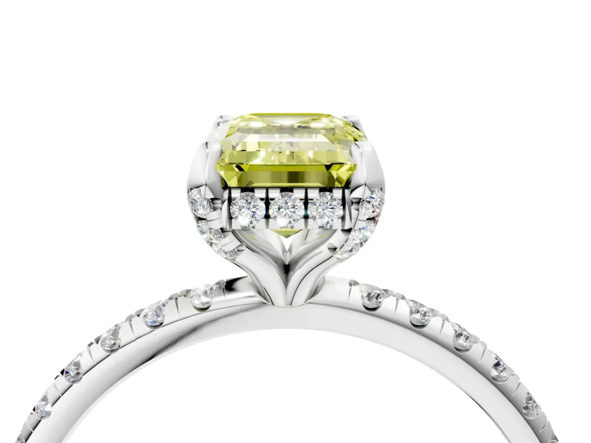 Fancy Yellow Emerald Cut Diamond Hidden Halo Engagement Ring with Round Pavé Band and Prong Setting Silver