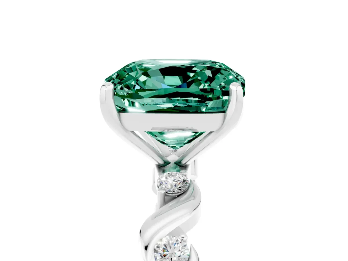 Cushion Cut Green Sapphire Solitaire Twisted Band with Round Accents and Prong Setting Platinum