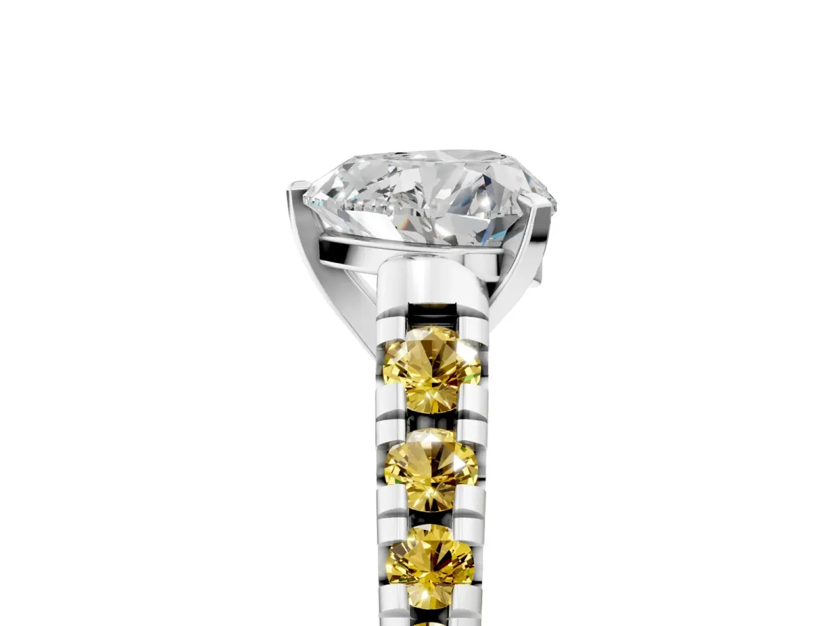 Heart Cut Diamond Cathedral Solitaire Ring with Round Yellow Sapphire Pavé Band White gold