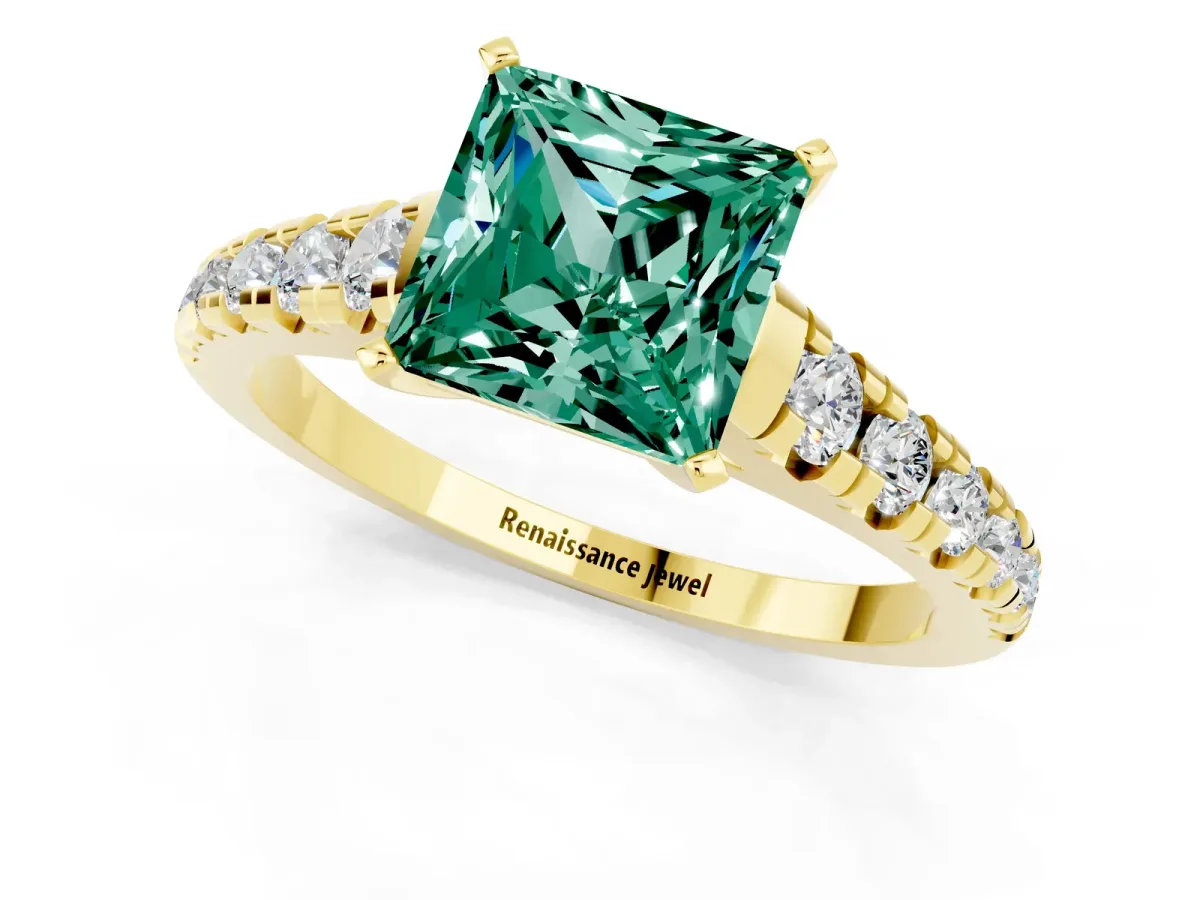 Princess Cut Green Sapphire Cathedral Solitaire Ring with Round Pavé Band Yellow gold