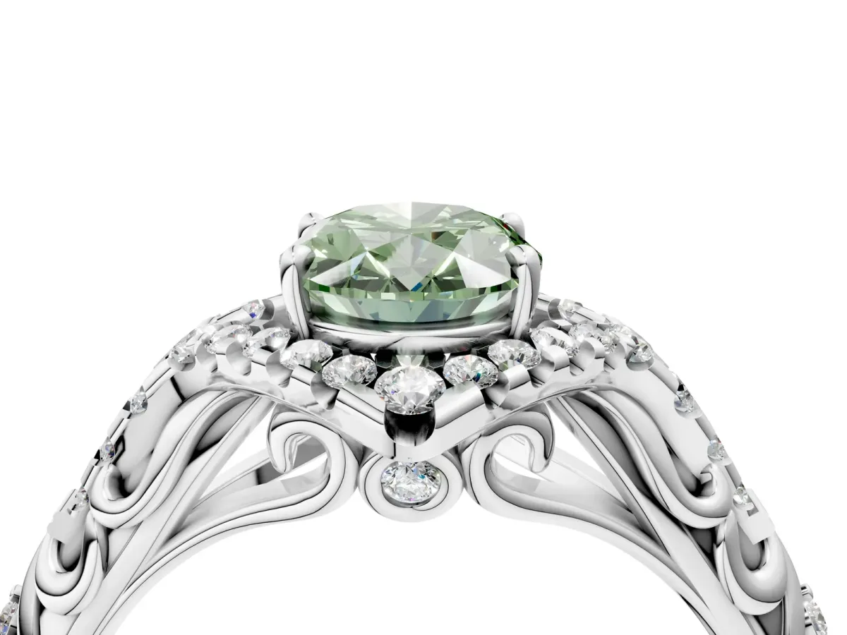 Fancy Green Oval Cut Diamond Solitaire Ring with Hidden Halo and Pavé Band White gold