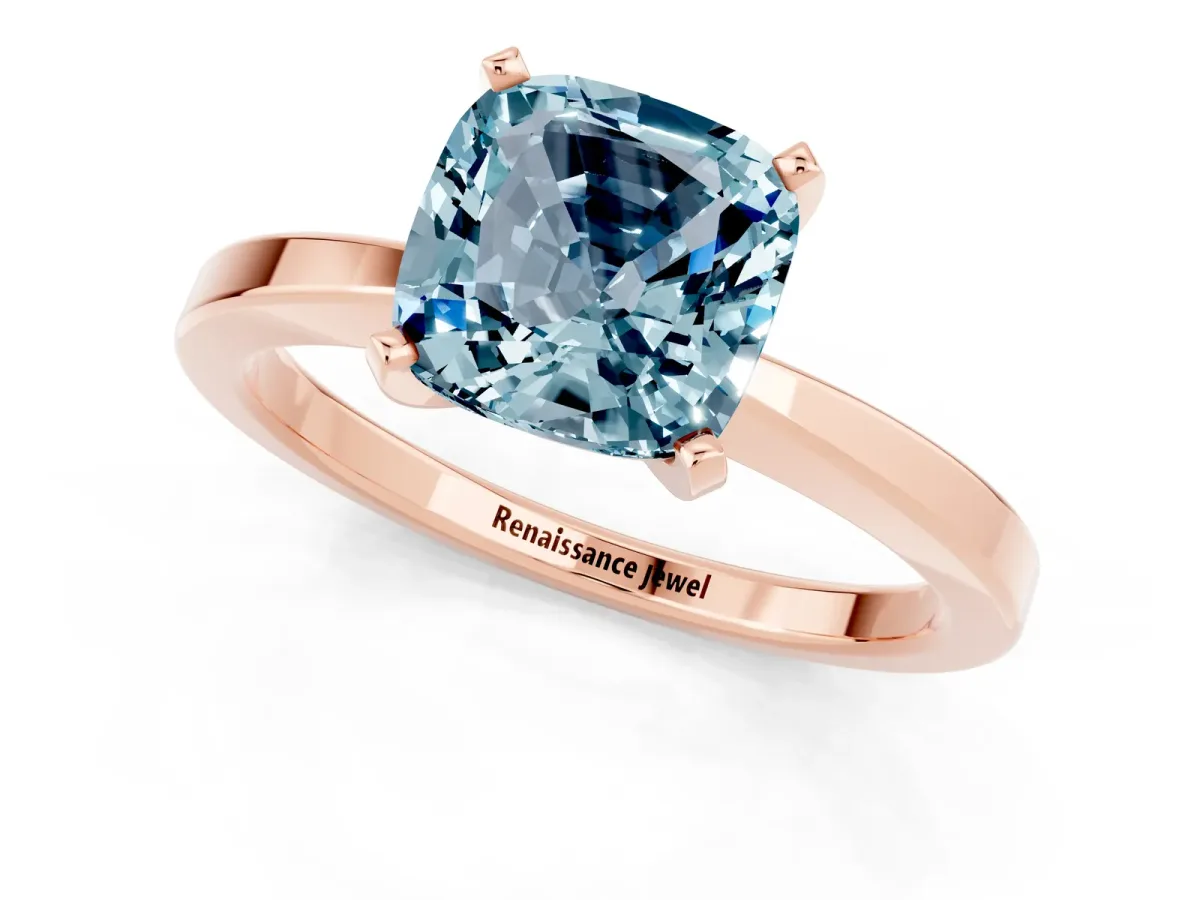 Cushion Cut Aquamarine Solitaire Engagement Ring with Classic Band and Four-Prong Setting Rose gold