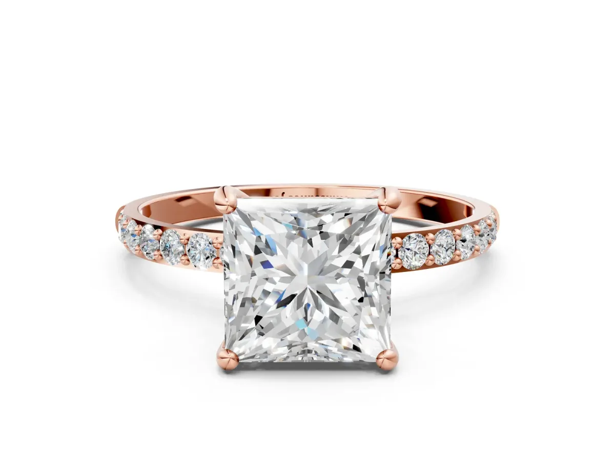 Princess Cut Diamond Solitaire Ring with Round Moissanite Pavé Band and Prong Setting Rose gold