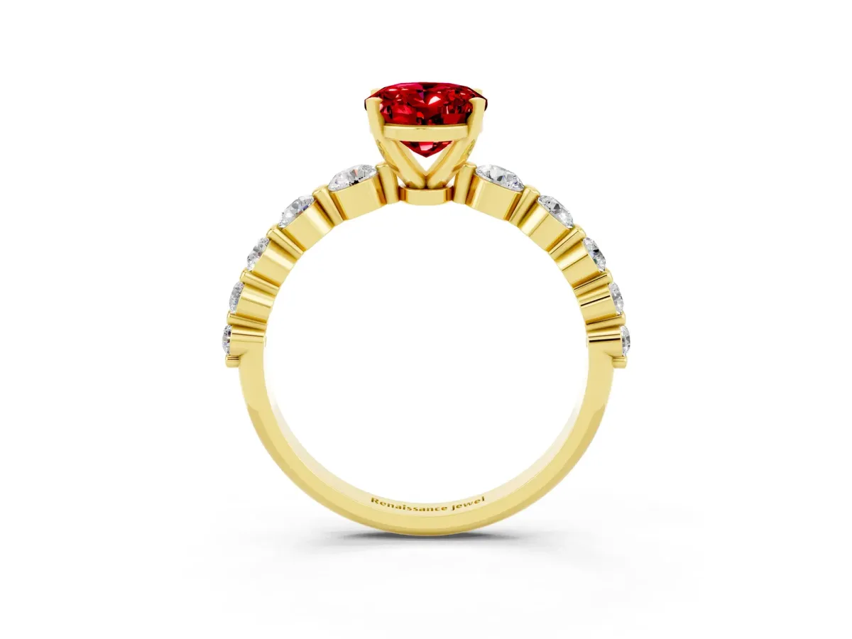 Oval Cut Solitaire Ruby Ring with Pave Band and Four-Prong Setting Yellow gold