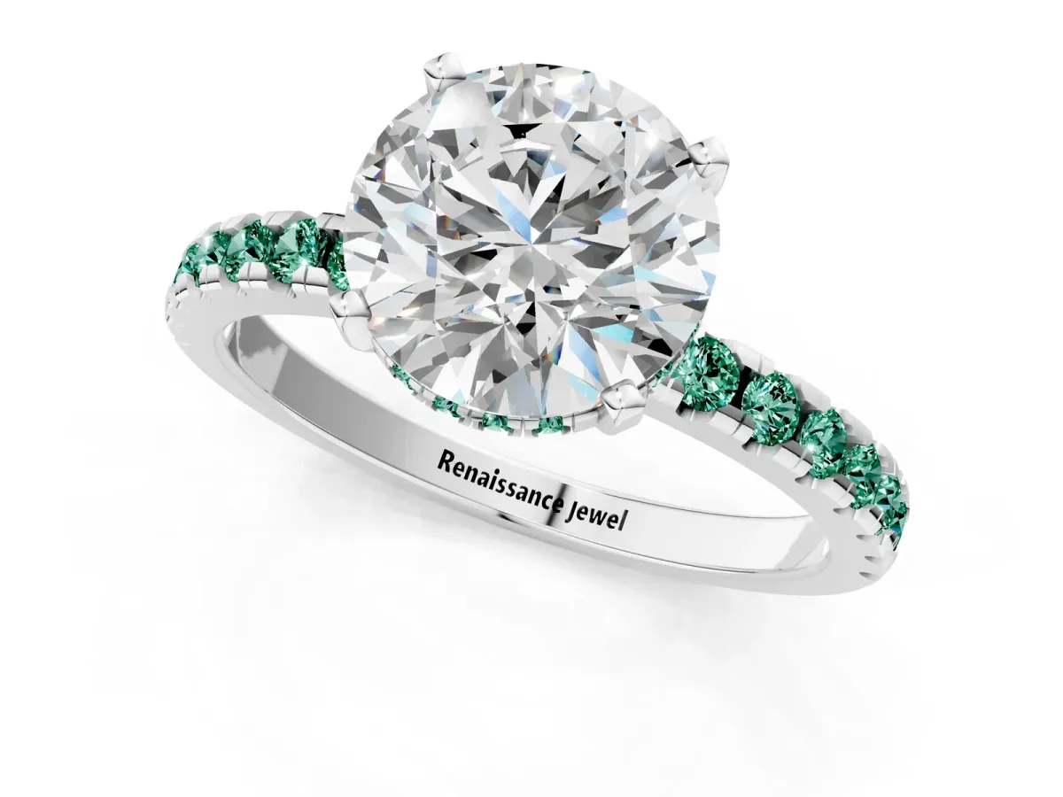 Round Cut Diamond Solitaire Ring with Round Green Sapphire Pavé Band and Four-Prong Setting White gold