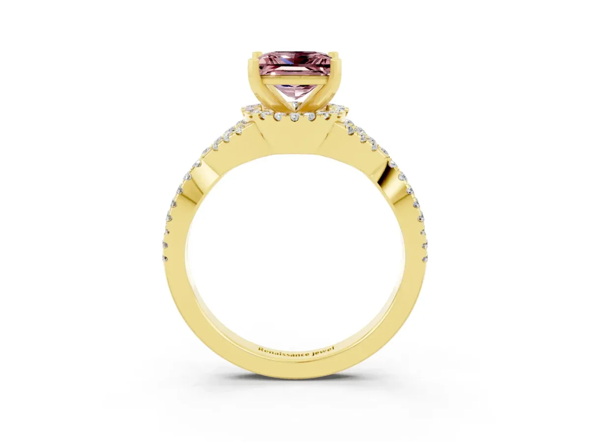 Princess Cut Morganite Halo Twist Band Solitaire Prong Setting Ring Yellow gold