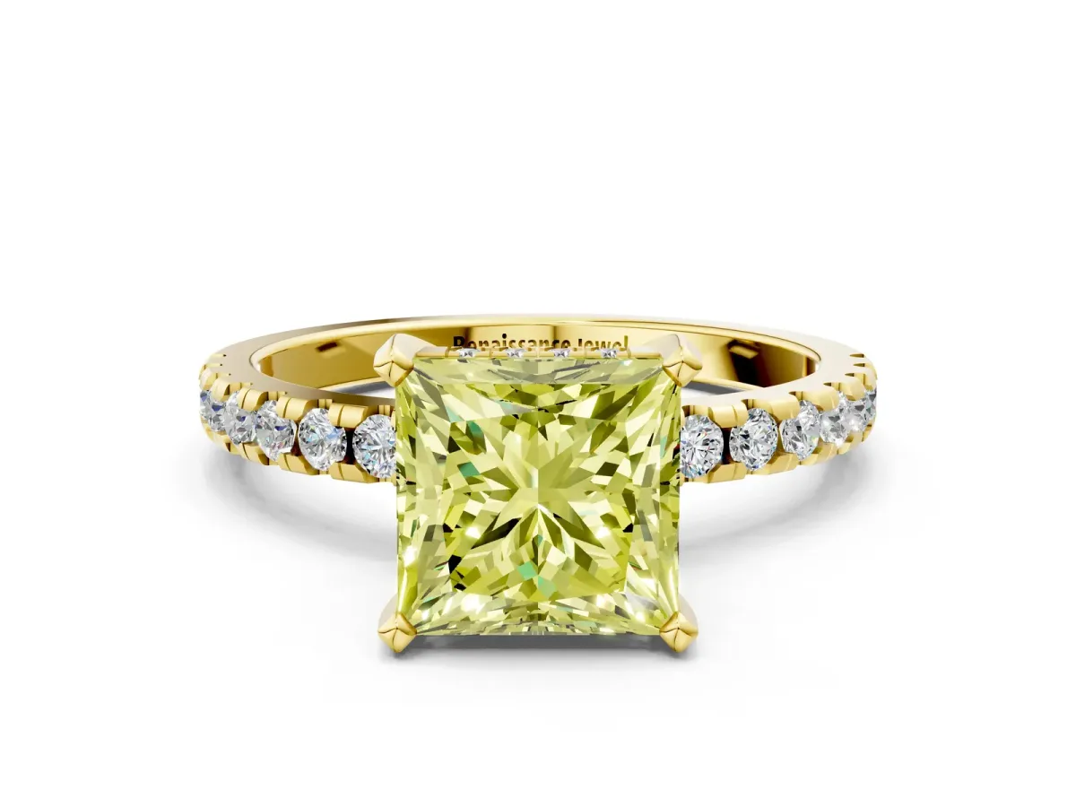 Fancy Yellow Princess Cut Diamond Solitaire Ring with Round Pavé Band and Four-Prong Setting Yellow gold