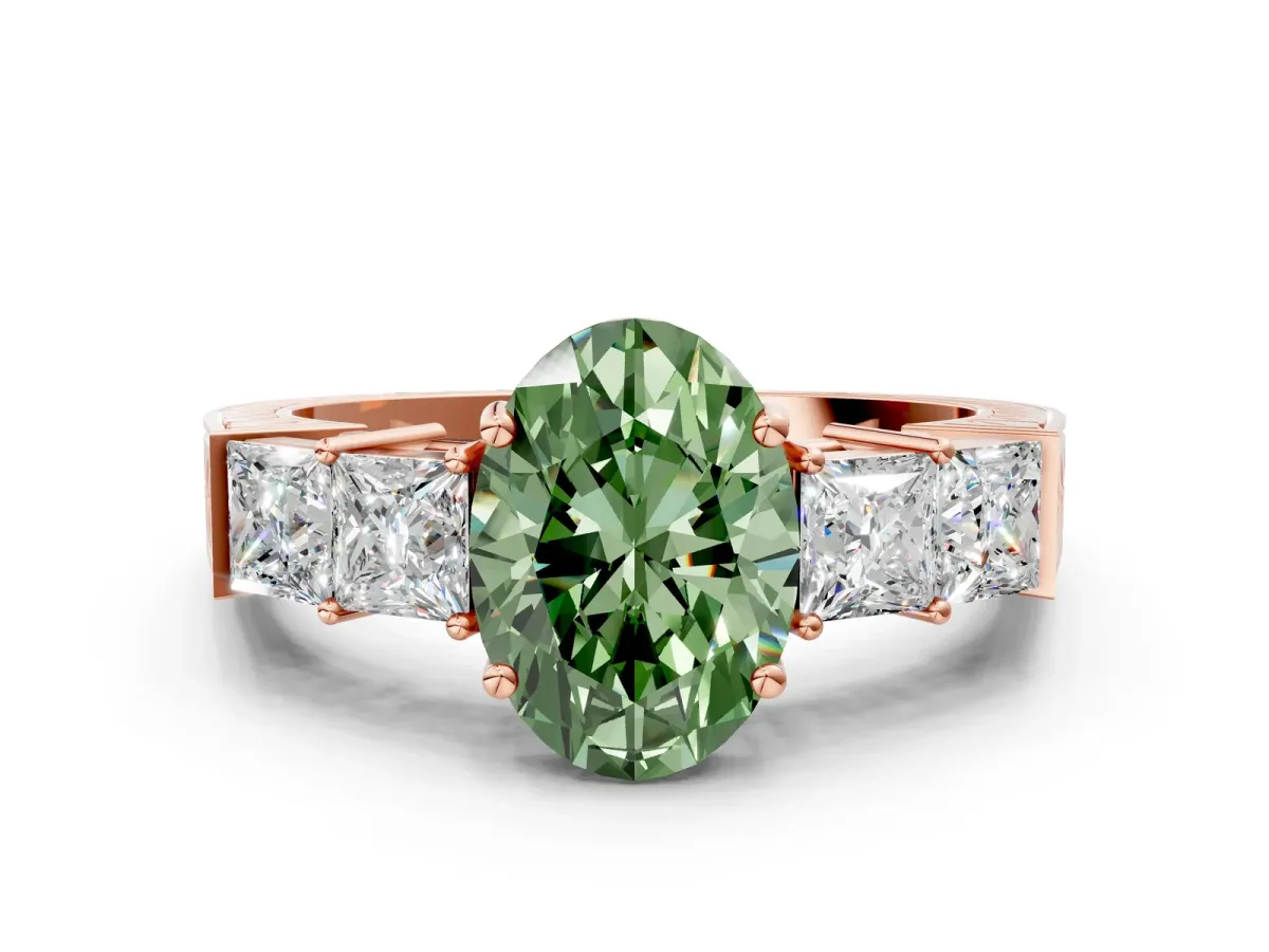 Fancy Green Oval Cut Solitaire Princess Side Stone Engraved Band Prong Setting Ring Rose gold