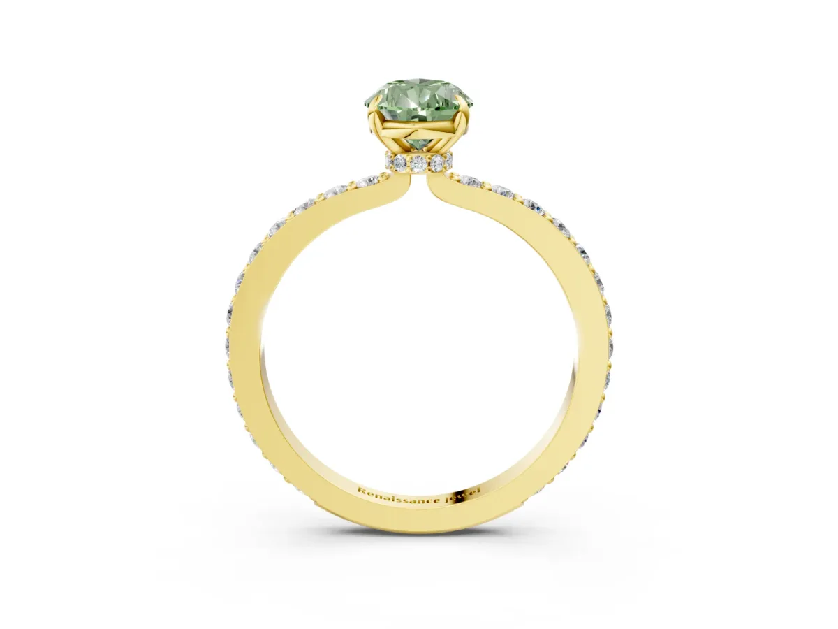 Fancy Green Pear Cut Diamond Solitaire Engagement Ring with Pavé Band and Four-Prong Setting Yellow gold