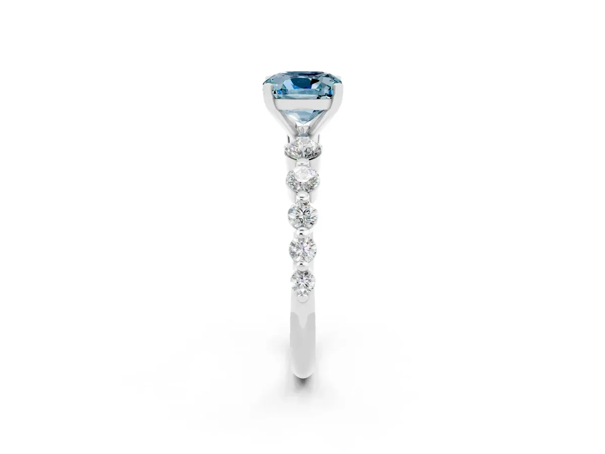 Cushion Cut Solitaire Aquamarine Ring with Pave Band and Four-Prong Setting Silver