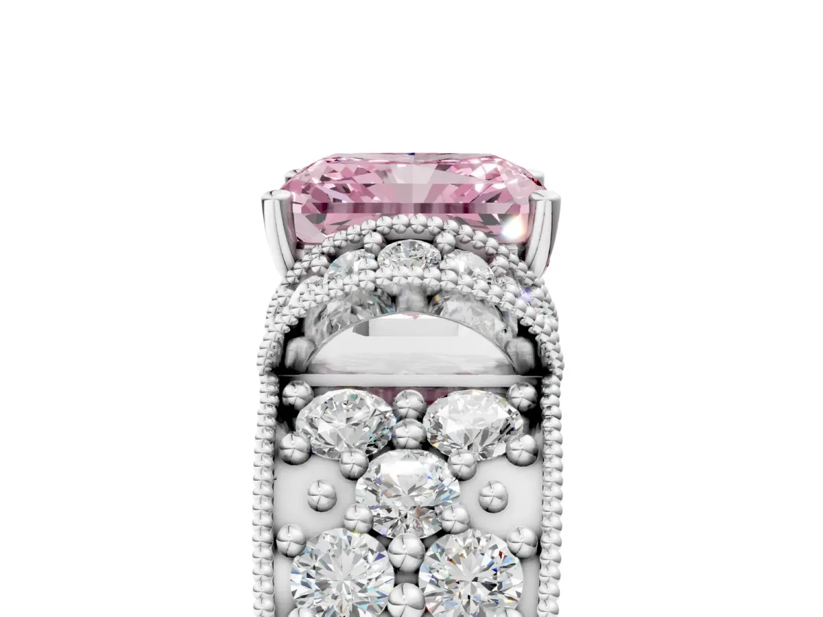 Fancy Pink Radiant Cut Halo Pave Diamond Engagement Ring with Milgrain Detailing Platinum