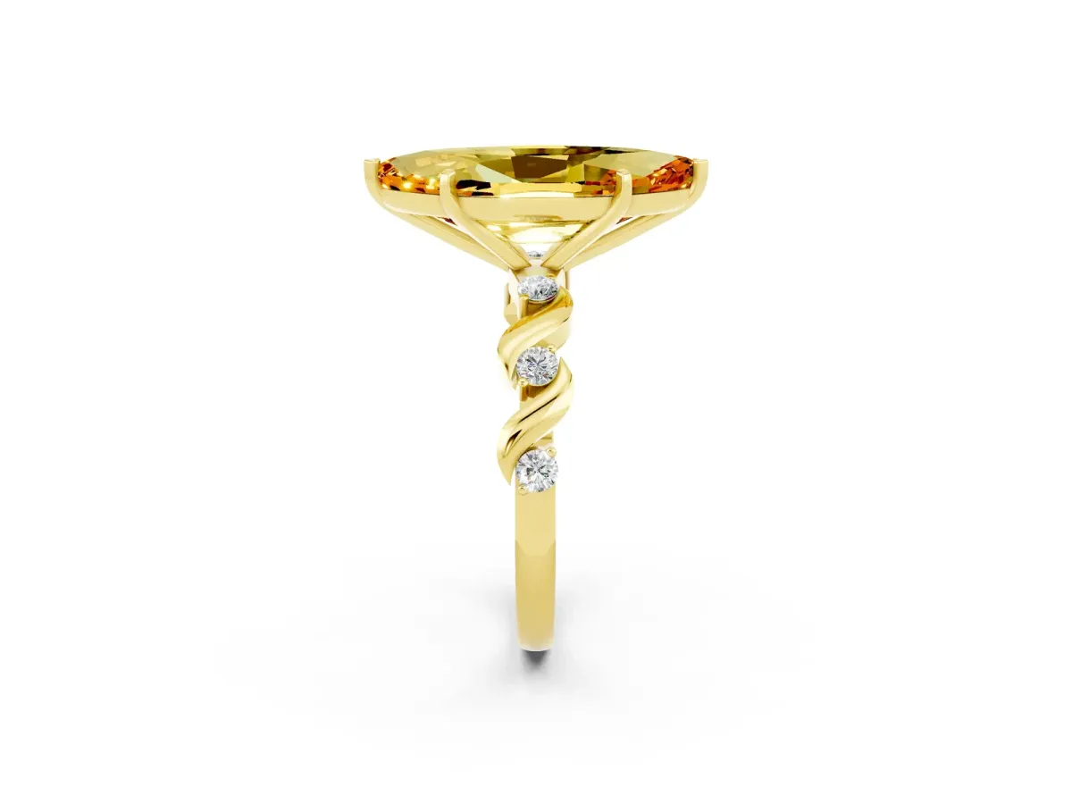 Marquise Cut Citrine Solitaire Twisted Band with Round Accents and Prong Setting Yellow gold