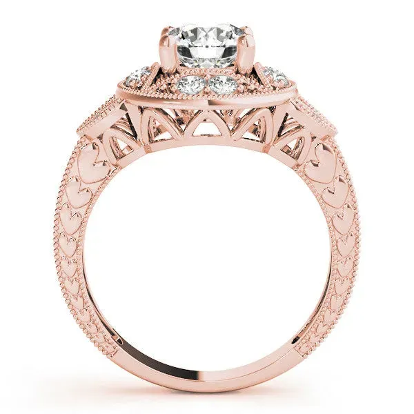 Round Cut Halo Milgrain Diamond Engagement Ring with Leaf Band and Four-Prong Setting Rose gold