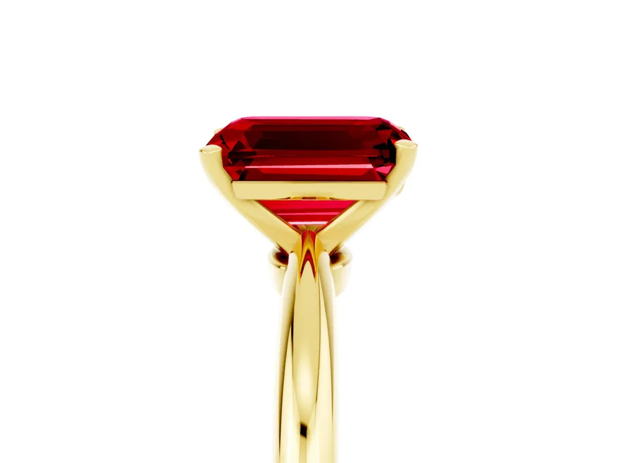 Emerald Cut Ruby Solitaire Ring with Six-Prong Setting and Classic Band Yellow gold