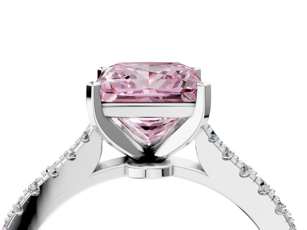 Fancy Pink Princess Cut Cut Solitaire Diamond Engagement Ring with Pave Band and Four-Prong Setting White gold