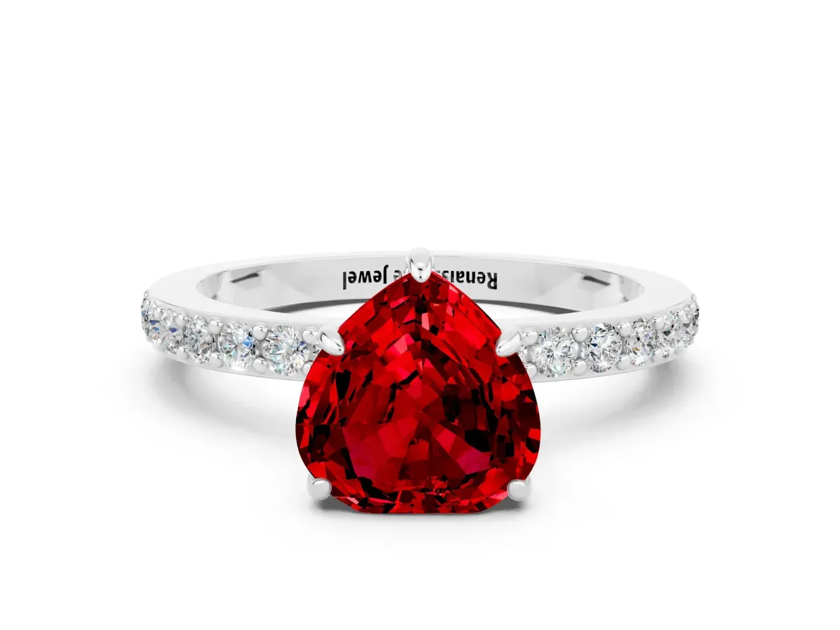 Heart Cut Ruby Pavé Engagement Ring with Round Accents and Prong Setting Silver