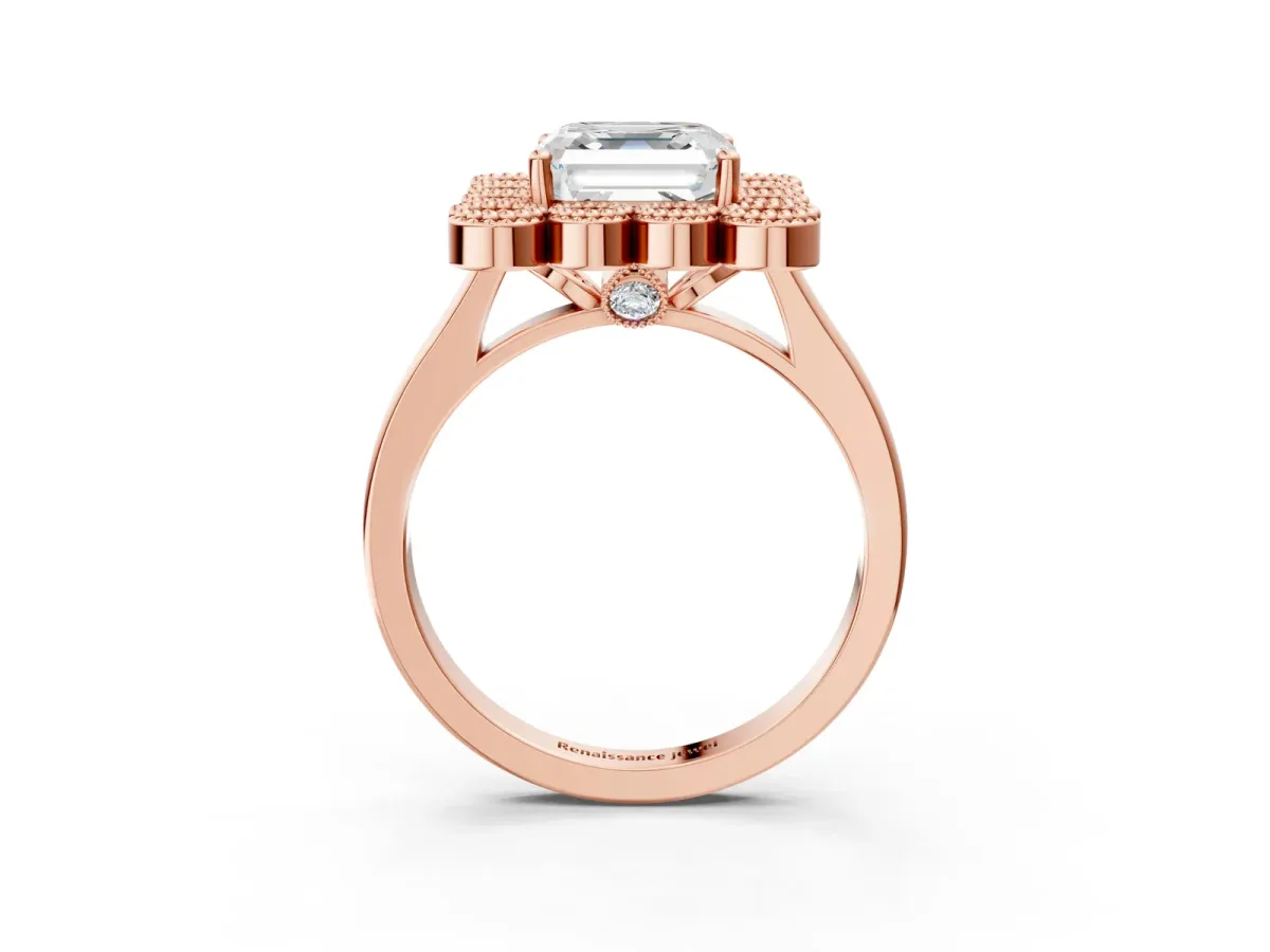 Asscher Cut Halo Diamond Cluster Engagement Ring with Milgrain Bezel Setting and Solitaire Band Rose gold