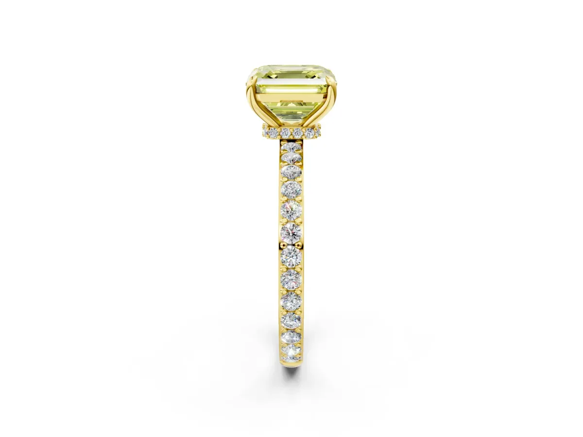 Fancy Yellow Asscher Cut Diamond Solitaire Engagement Ring with Pavé Band and Four-Prong Setting Yellow gold