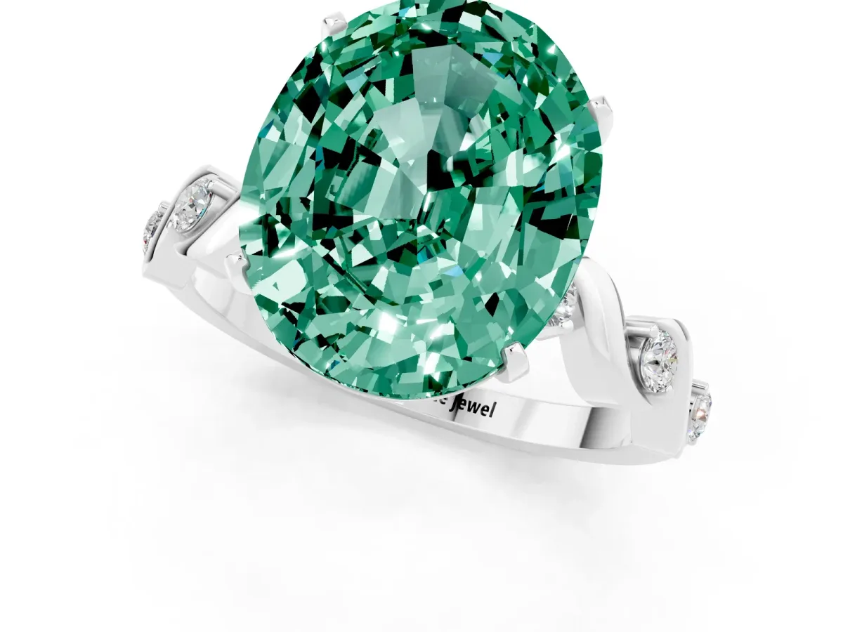 Oval Cut Green Sapphire Solitaire Twisted Band with Round Accents and Prong Setting White gold