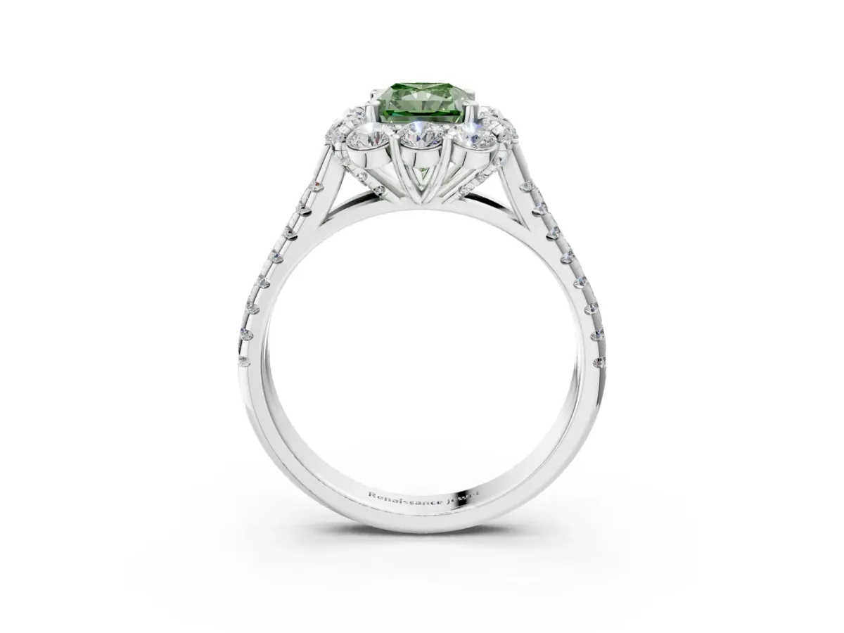 Fancy Green Radiant Cut Halo Split Shank Diamond Engagement Ring with Pave Band and Four-Prong Setting Platinum
