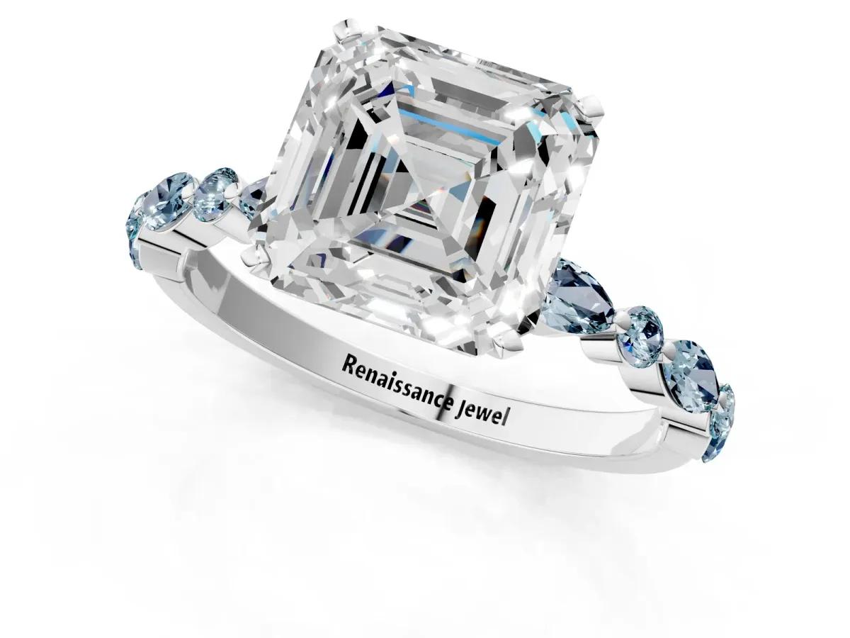 Asscher Cut Diamond Ring with Marquise and Round Aquamarine Side Stones and Four-Prong Setting Platinum
