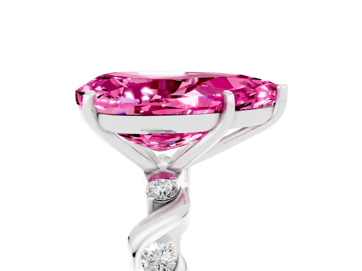 Pear Cut Pink Sapphire Solitaire Twisted Band with Round Accents and Prong Setting White gold
