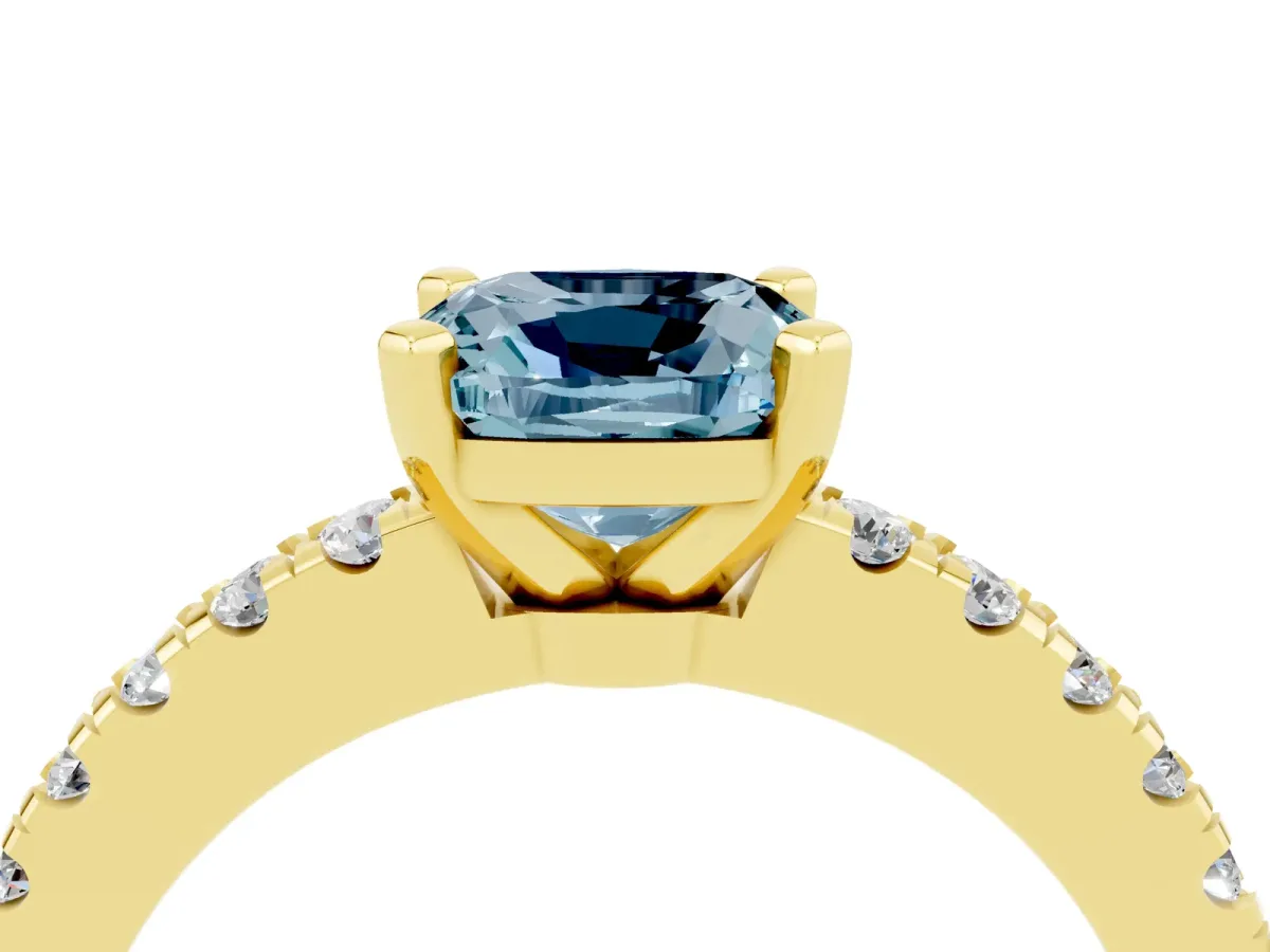Cushion Cut Solitaire Aquamarine with Pavé Band and Four-Prong Setting Yellow gold