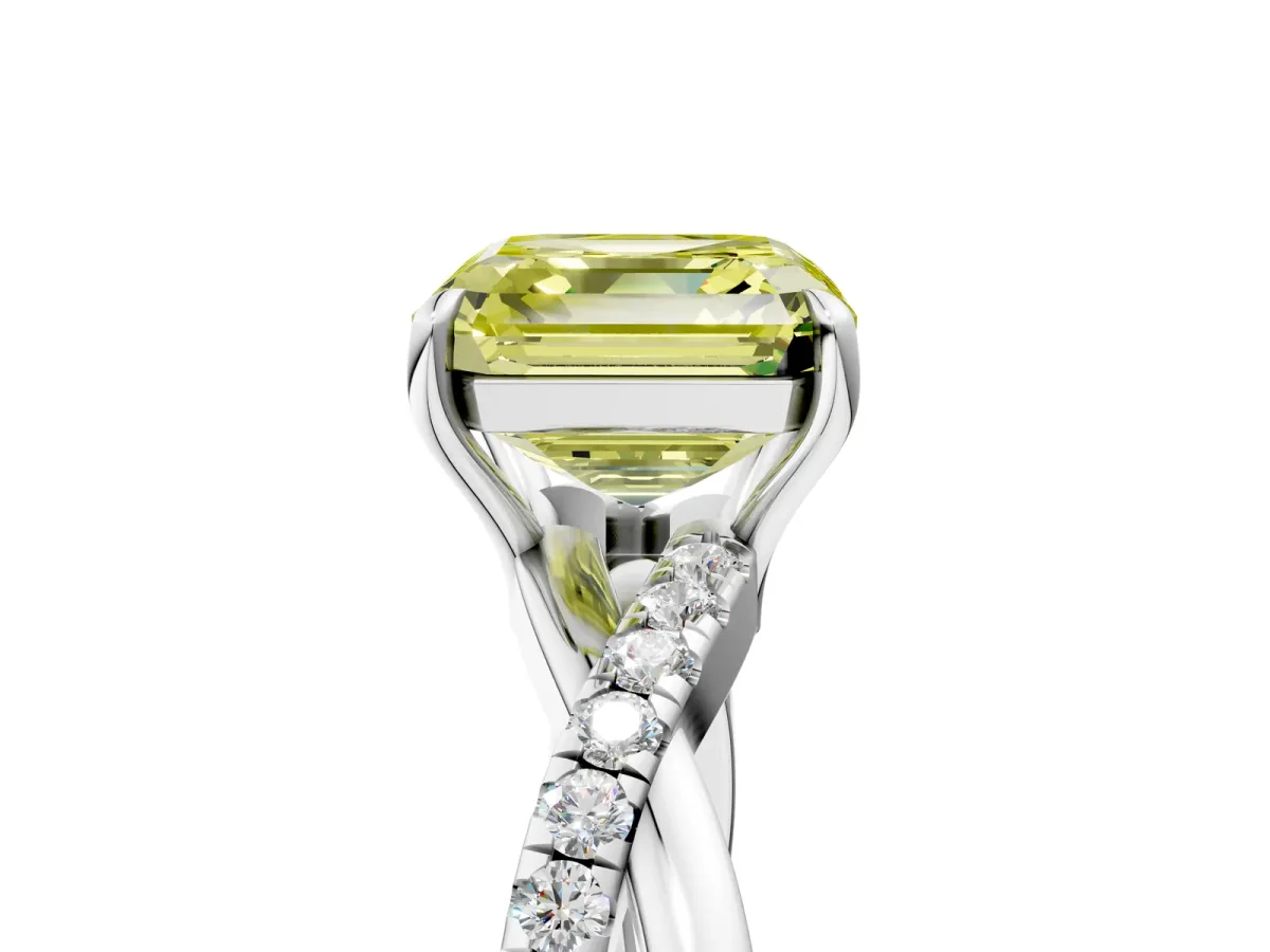 Fancy Yellow Asscher Cut Cut Diamond Twisted Band with Pavé Setting and Four-Prong Setting Platinum