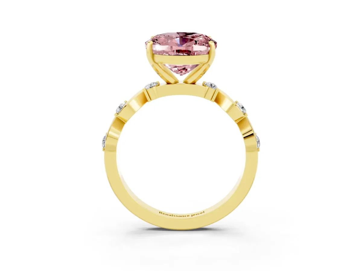 Oval Cut Morganite Solitaire Twisted Band with Round Accents and Prong Setting Yellow gold