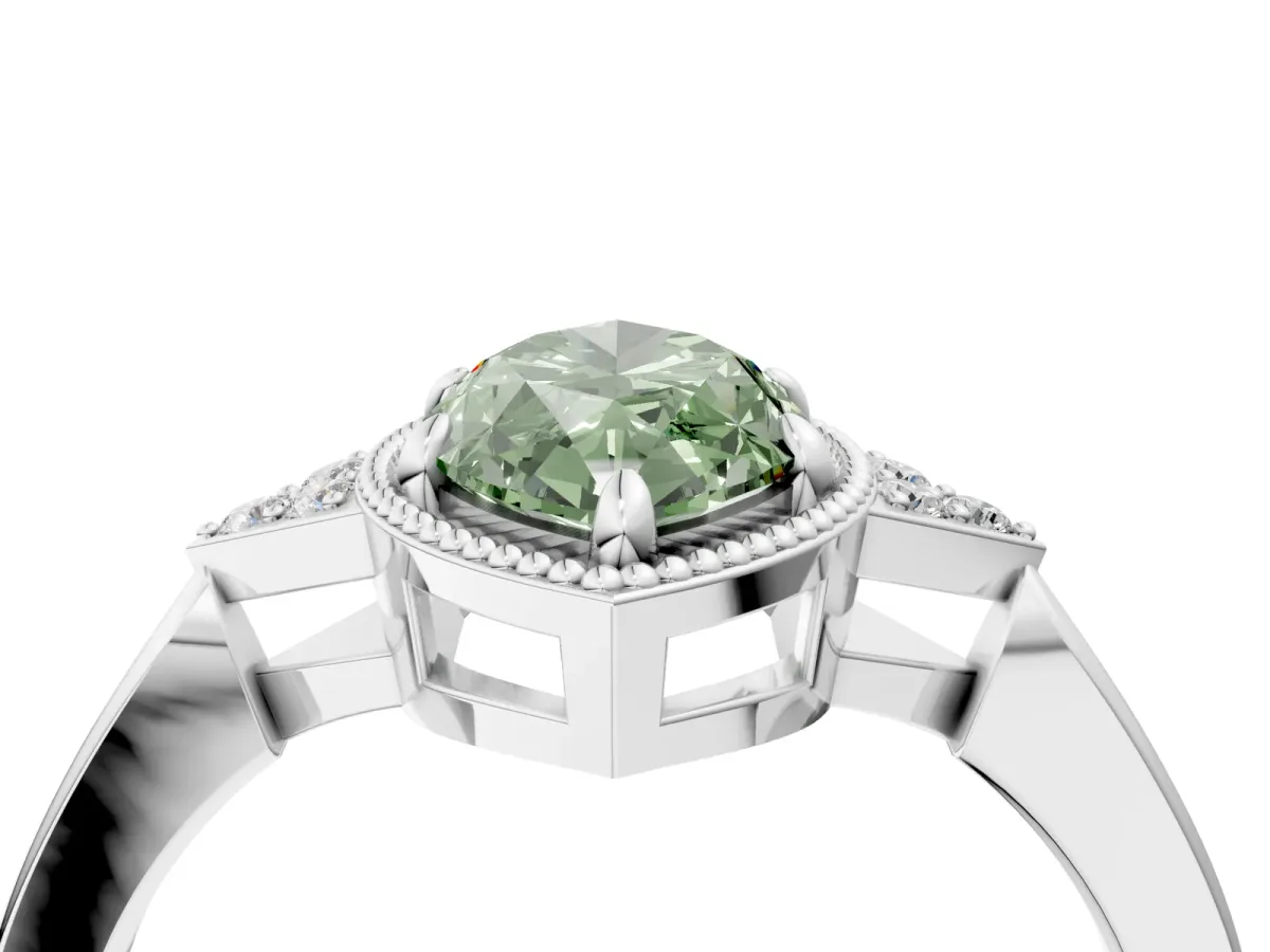 Fancy Green Milgrain Marquise Cut Cut Diamond Ring with Tapered Pave Band and Four Prong Setting Platinum