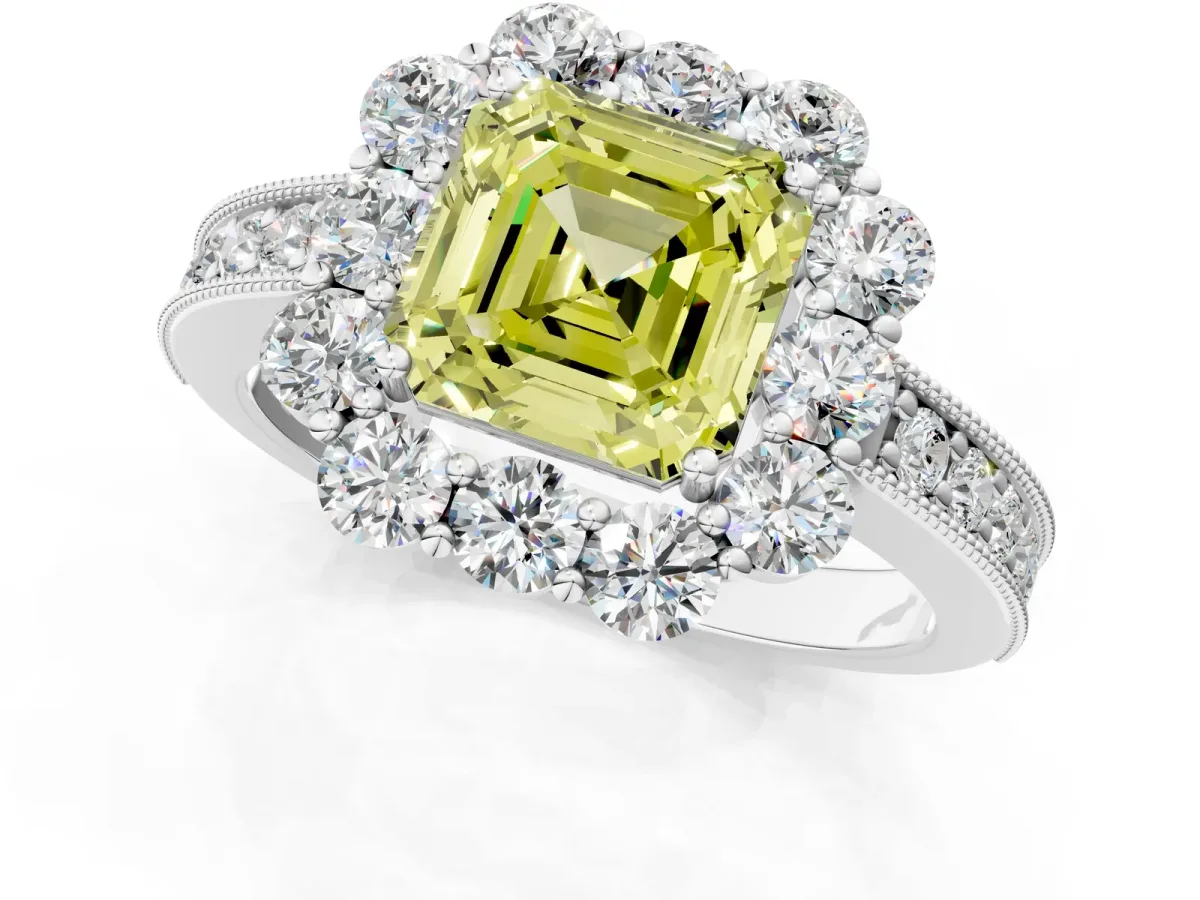Fancy Yellow Asscher Cut Cut Halo Diamond Pavé Engagement Ring with Milgrain Detailing Platinum