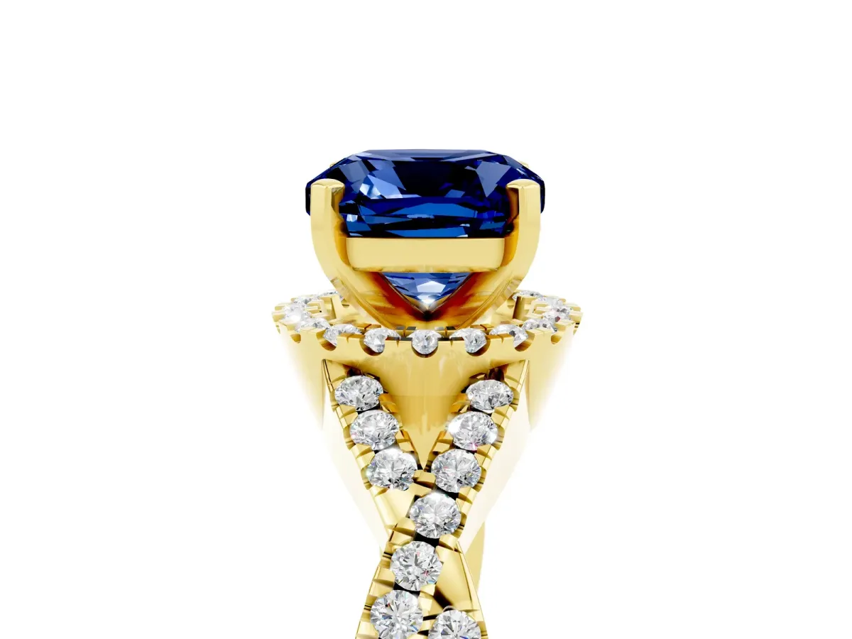 Cushion Cut Blue Sapphire Halo Twist Band Solitaire Prong Setting Ring Yellow gold
