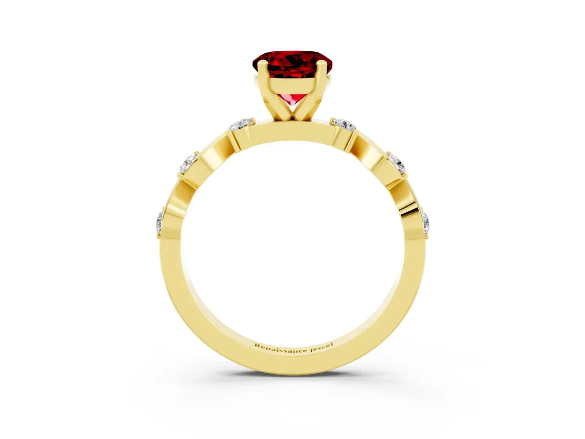 Round Cut Ruby Solitaire Twisted Band with Round Accents and Prong Setting Yellow gold