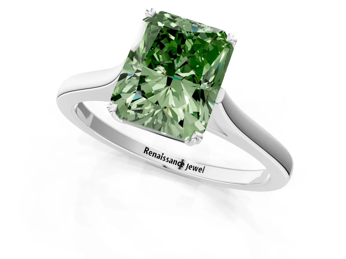 Fancy Green Radiant Cut Solitaire Heart Prong Engagement Ring with Tapered Band Platinum