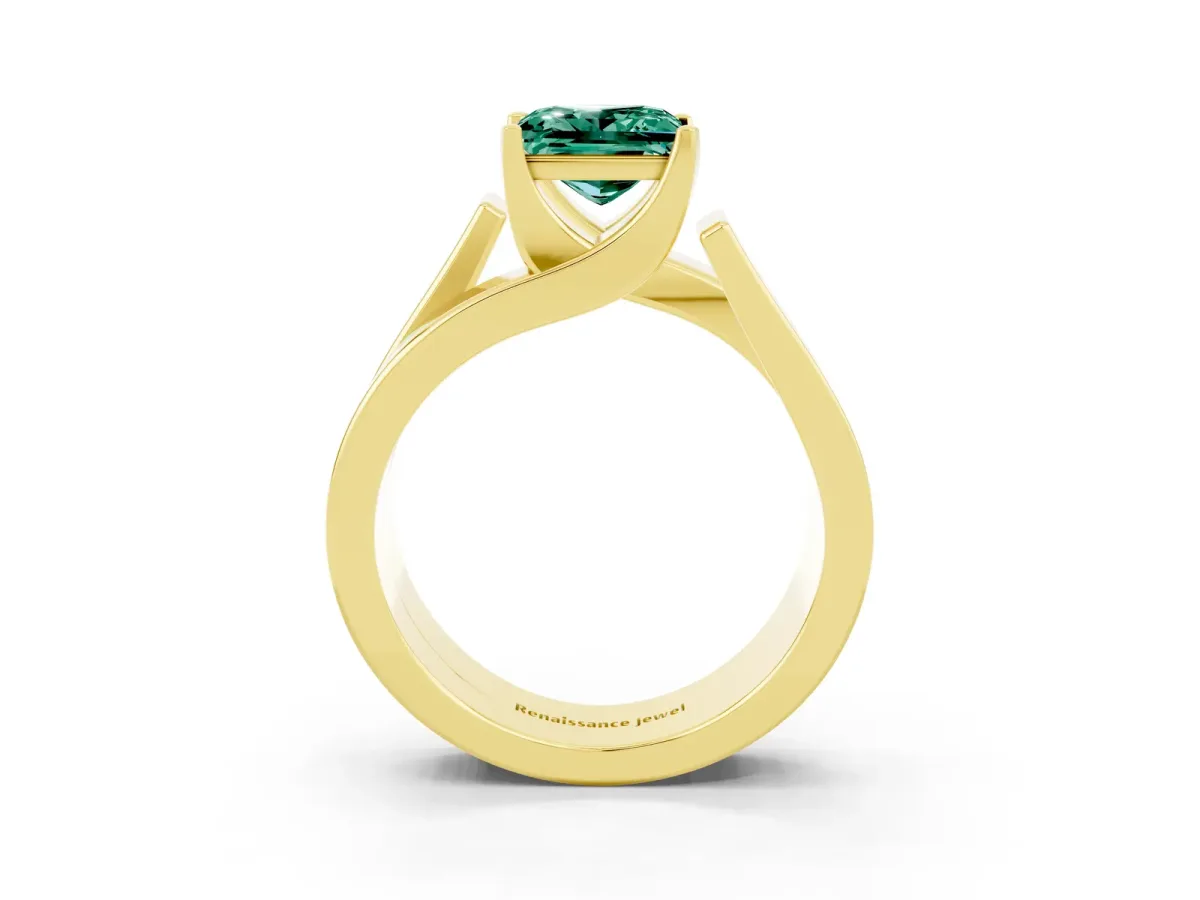 Modern Tension Set Princess Cut Green Sapphire Solitaire Wide Band Ring Yellow gold