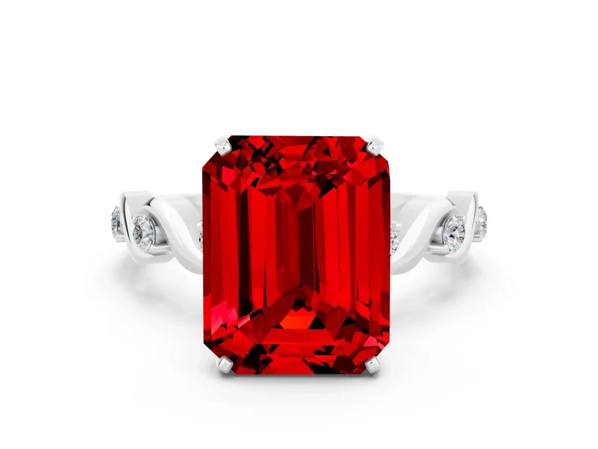 Emerald Cut Ruby Solitaire Twisted Band with Round Accents and Prong Setting Silver
