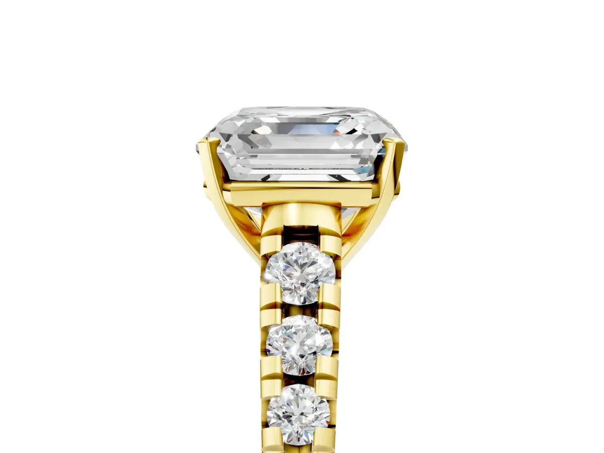 Asscher Cut Diamond Cathedral Solitaire Ring with Round Moissanite Pavé Band Yellow gold