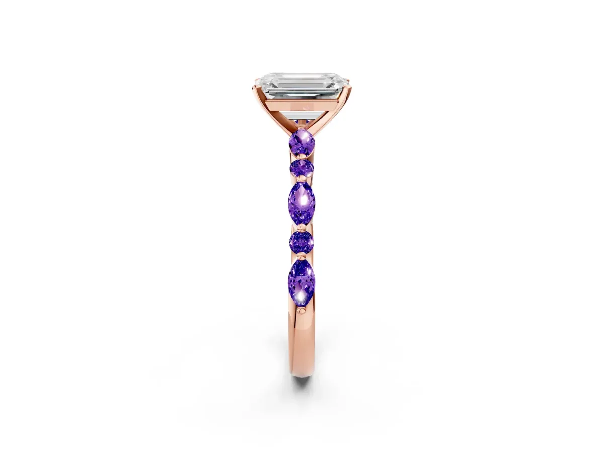 Emerald Cut Diamond Ring with Marquise and Round Tanzanite Side Stones and Four-Prong Setting Rose gold