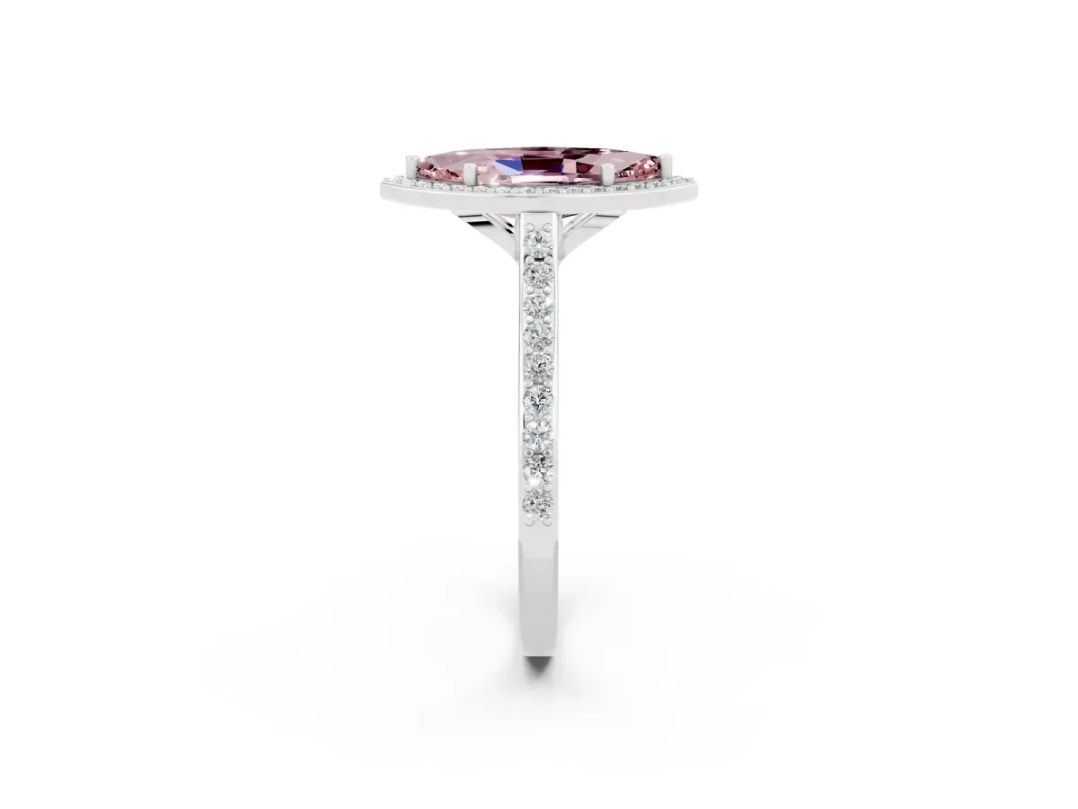 Marquise Cut Morganite Halo Engagement Ring with Round Pavé Shoulders and Prong Setting Platinum