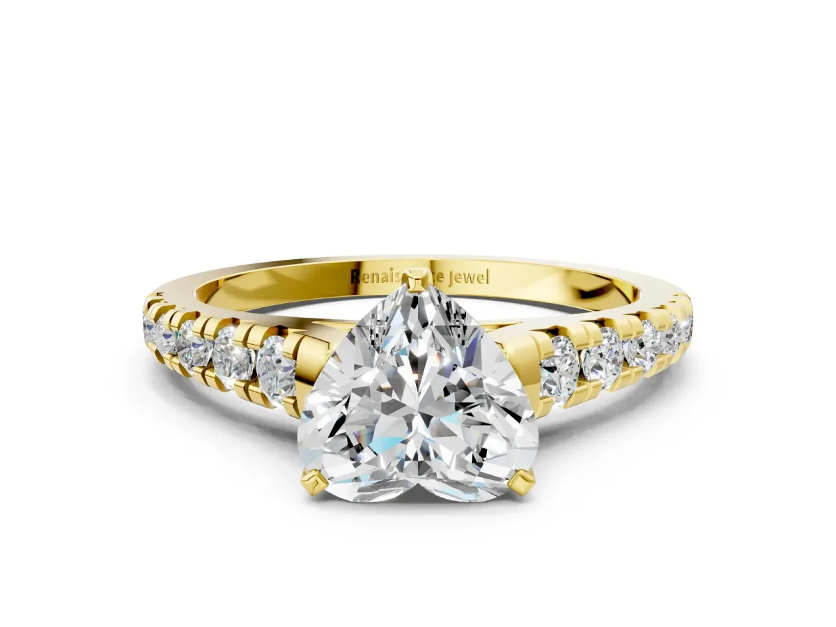 Heart Cut Diamond Cathedral Solitaire Ring with Round Moissanite Pavé Band Yellow gold
