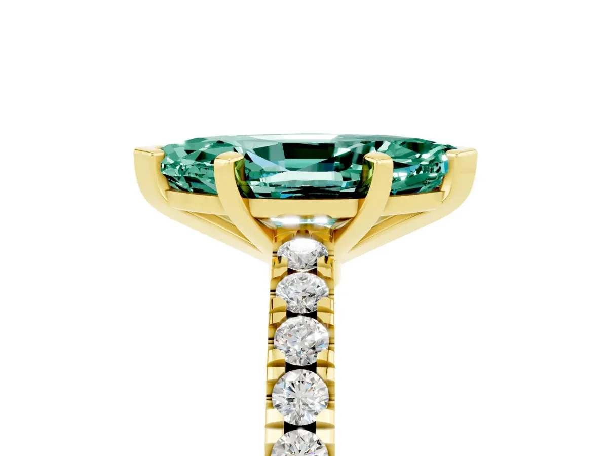 Marquise Cut Solitaire Green Sapphire with Pavé Band and Four-Prong Setting Yellow gold