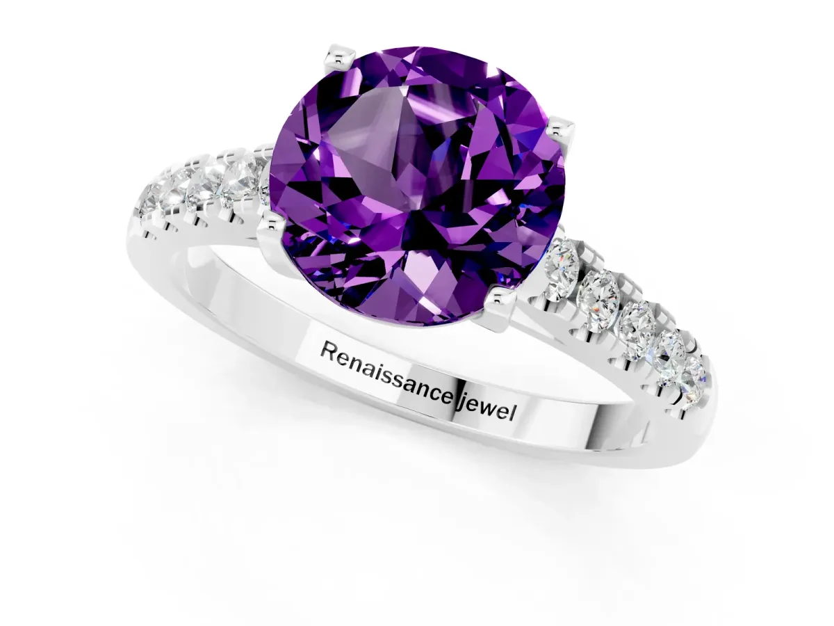 Round Cut Amethyst Pavé Band Solitaire Ring with Prong Setting White gold