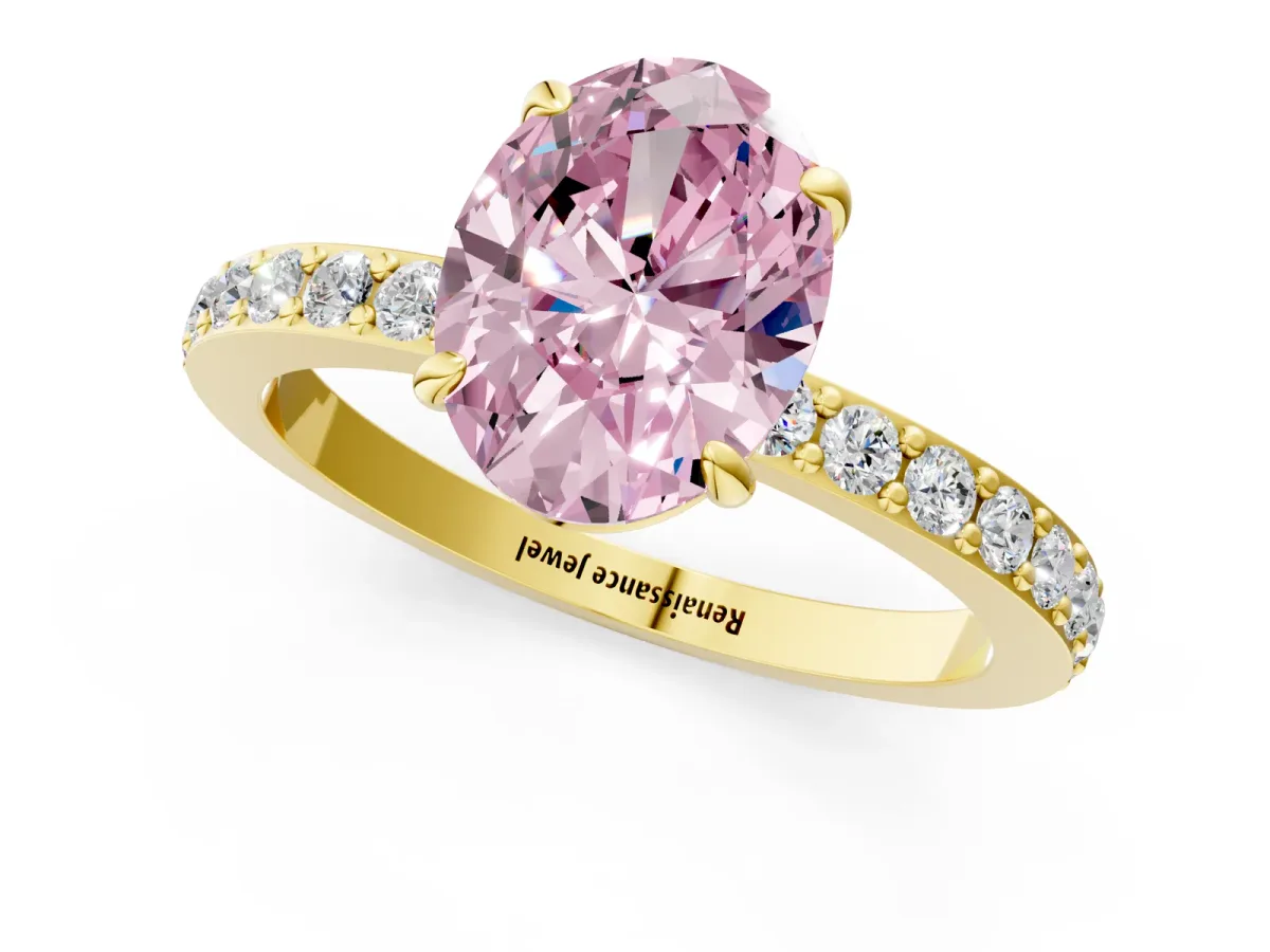 Fancy Pink Oval Cut Diamond Solitaire Engagement Ring with Pavé Band and Four-Prong Setting Yellow gold