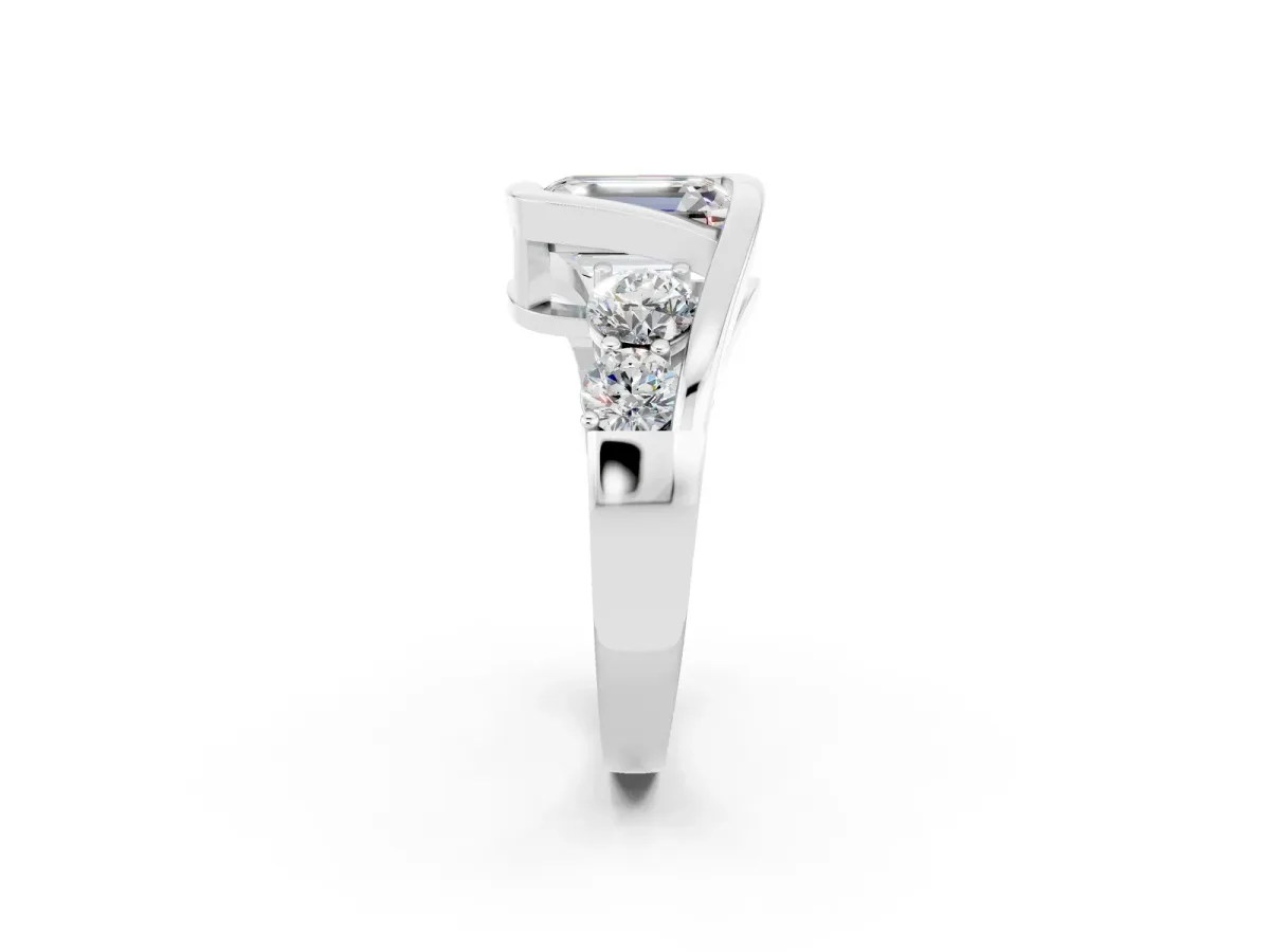 Bezel Set Emerald Cut Moissanite Bypass Ring with Round Accents Platinum